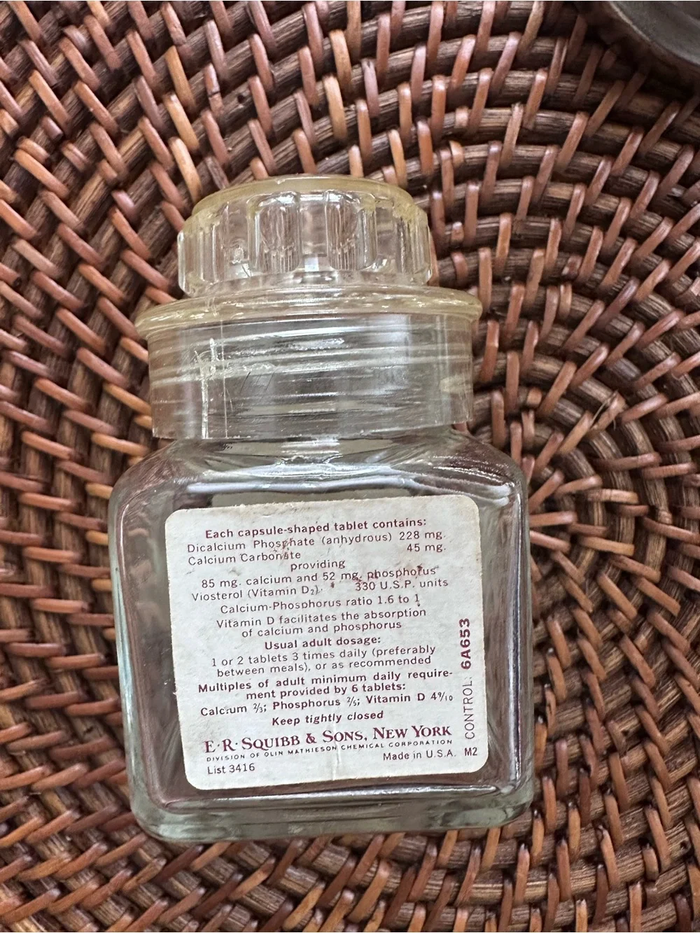 SQUIBB Antique Clear Glass Apothecary Dicalcium Phosphate Compound Jar